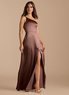 Azazie Trina At-home Try On Dresses Auburn A-Line One Shoulder Metallic Satin Dress image6