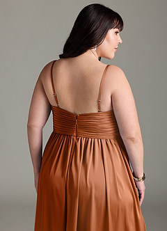 Azazie Alia Bridesmaid Dresses Copper A-Line Pleated Stretch Satin Dress image15