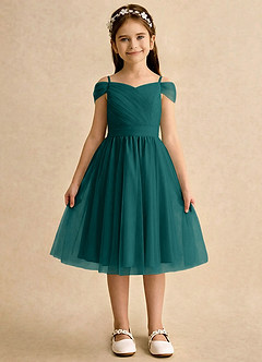 Azazie Lila Girls Formal Robe Demoiselle D'honneur Fillette Robe Trapèze en Tulle Épaule décolletée Paon image1