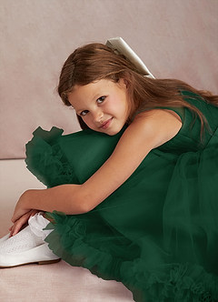 Azazie Lottie Abiti da Ragazza di Fiori Abito A-Line in Raso Monospalla Verde Scuro image4