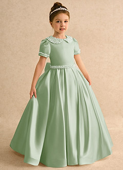 Azazie Gabriella Flower Girl Dresses Dusty Sage Ball-Gown with Sleeves Matte Satin Dress image5