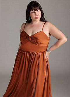 Azazie Zeya Bridesmaid Dresses Cinnamon A-Line Pleated Stretch Satin Dress image14