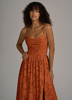 Azazie Lettie Bridesmaid Dresses Burnt Orange A-Line Corset Floral Burnout Dress image2
