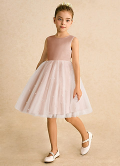 Azazie Esme Flower Girl Dresses Champagne Rose Ball-Gown Bow Tulle Dress image5