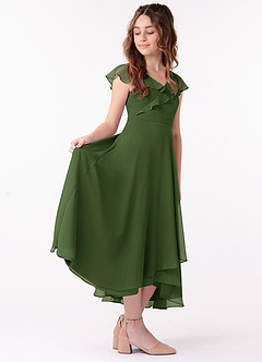 Azazie Posie Junior Olive A-Line Ruched Chiffon Dress image3