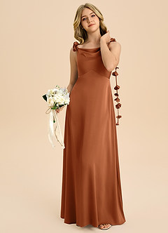 Azazie Gumdrop Junior 엠파이어 주름진 스트레치 새틴 플로어 길이 주니어 신부 들러리 드레스 image2