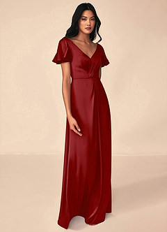 Azazie Soren Bridesmaid Dresses Pomegranate A-Line Pleated Stretch Satin Dress image4