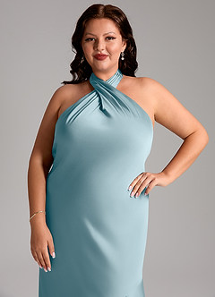 Azazie Lorena Bridesmaid Dresses Moody Blue Mermaid Pleated Stretch Satin Dress image12