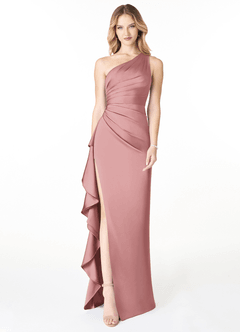 Azazie Latrice Robes de demoiselle d'honneur Robe Fourreau en Satin extensible Volants en cascade à une épaule Rose Poussiéreuse image1