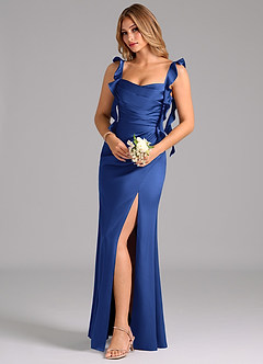 Azazie Jessamine Bridesmaid Dresses Royal Blue A-Line Corset Stretch Satin Dress image1