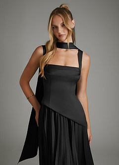 Azazie Stephanie Vestidos de damas de honor Vestido Negro de Satén Elástico de Línea A con Corsé image5