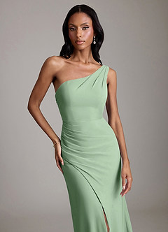 Azazie Madelyn Vestidos de damas de honor Vestido de Matcha de Gasa de Corte Sirena Convertible con Hombro unilateral image8