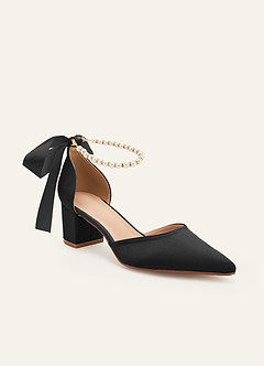 front Tacones de bloque con punta en punta, satén mate, perla y lazo en color a juego