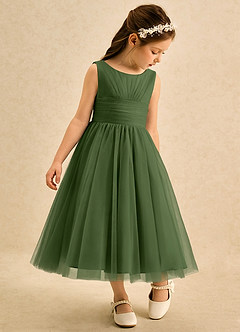 Azazie Macaron Jurken voor bloemenmeisjes A-Lijn Jurk van Tule Geplooid Olijf image1