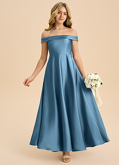 Azazie Sissy Junior Abito A-Line in Raso Elasticizzato a Spalla Scoperta Blu Acciaio image1