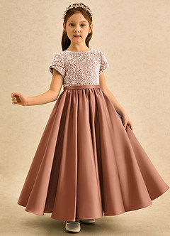 Azazie Cashew Flower Girl Dresses Bronzer Ball-Gown with Sleeves Matte Satin Dress image4