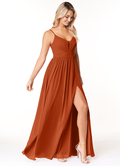 Azazie Rayna Bridesmaid Dresses Burnt Orange A-Line V-Neck Pleated Chiffon Dress image4