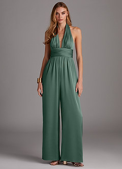 Azazie Oli Bridesmaid Dresses Eucalyptus Pleated Stretch Satin Jumpsuit image3
