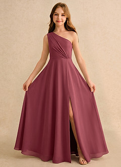 Azazie Puddles Girls Formal Robe Demoiselle D'honneur Fillette Robe Trapèze en Mousseline de soie Une épaule Merlot image5