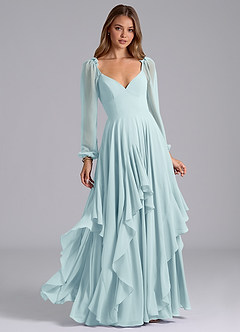 Azazie Karan Bridesmaid Dresses Sea Glass A-Line Long Sleeve Chiffon Dress image1