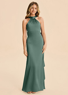 Azazie Ayah Junior Meerjungfrau-Linie Hoher Kragen Stretch-Satin Kleid Eukalyptus image5