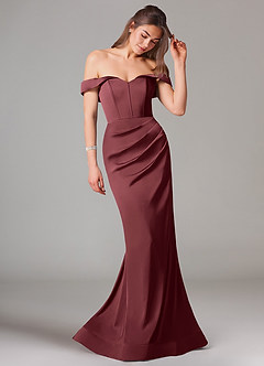 Azazie Everly Robes de demoiselle d'honneur Robe Sirène Convertible en Satin extensible Épaule décolletée Merlot image6