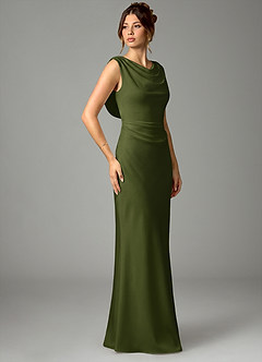 Azazie Kieryn Bridesmaid Dresses Olive Mermaid Pleated Stretch Satin Dress image3