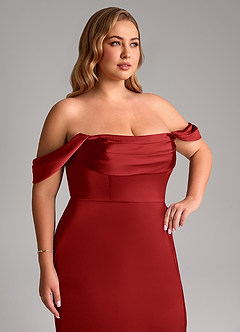 Azazie Saige Bridesmaid Dresses Pomegranate Sheath Off the Shoulder Stretch Satin Dress image14