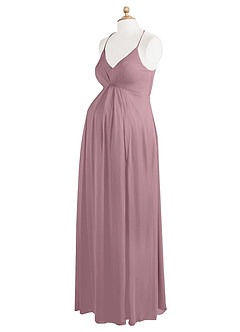 Azazie Annabelle At-home Try On Dresses A-Line V-Neck Pleated Mesh Floor-Length Dress image9