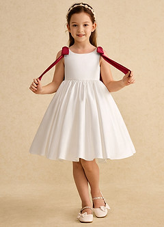 Azazie Stacie Flower Girl Dresses Ivory Scarlet A-Line Bow Matte Satin Dress image4