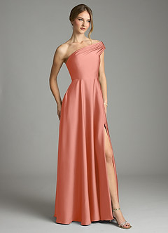 Azazie Melanie Vestidos de damas de honor Vestido de Rosa Salmón de Satén Elástico de Corte en A con Vestidos sin tirantes image5