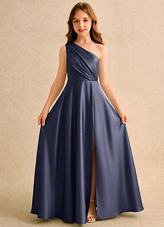 Azazie Puddles Girls Formal Robe Demoiselle D'honneur Fillette Robe Trapèze en Satin extensible Asymétrique Bleu Orageux image5