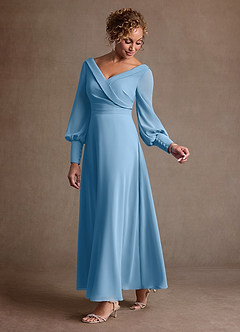 Azazie Paterson Abiti per la Madre della Sposa Abito A-Line in Chiffon Plissettato Blu Acciaio image5