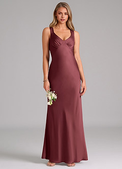 Azazie Kamila Bridesmaid Dresses Merlot A-Line Pleated Stretch Satin Dress image1