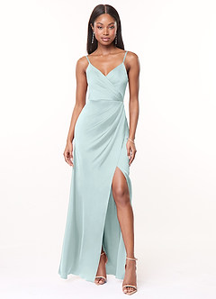 Azazie Maci Bridesmaid Dresses Sea Glass A-Line V-Neck Pleated Stretch Satin Dress image1
