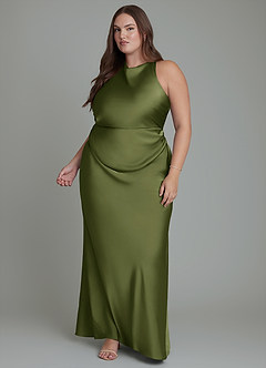 Azazie Evadne Bridesmaid Dresses Olive Sheath Pleated Stretch Satin Dress image12