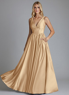 Azazie Delmie Vestidos de damas de honor Vestido de Champán de Satén Elástico de Corte en A con Corsé image6