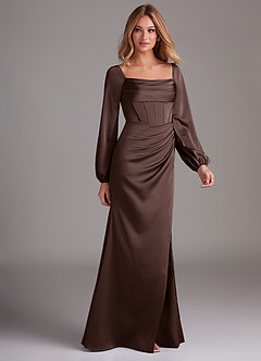 Azazie Charissa Bridesmaid Dresses Ganache Sheath Long Sleeve Stretch Satin Dress image6