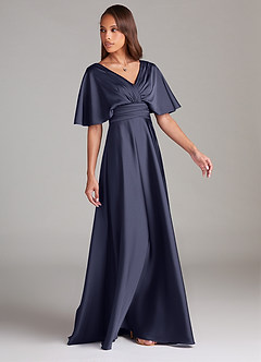 Azazie Pamela Robes de demoiselle d'honneur Robe Trapèze en Satin extensible Plissé Bleu Orageux image3