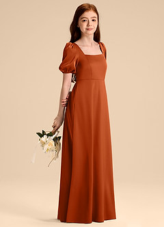 Azazie Briar Junior Abito A-Line in Raso Elasticizzato Fiocco Arancia Bruciata image4