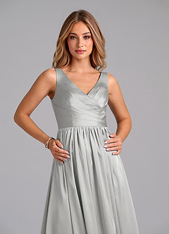 Azazie Keyla Bridesmaid Dresses Silver A-Line Pleated Stretch Satin Dress image3