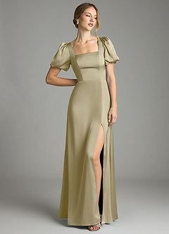 Azazie Fyona Vestidos de damas de honor Vestido de Musgo Verde de Satén Elástico de Corte en A con Plisado image3