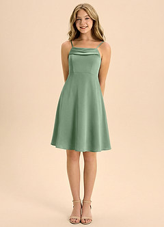 Azazie Anselie Junior Vestido de Matcha de Satén Elástico de Corte en A con Plisado image5