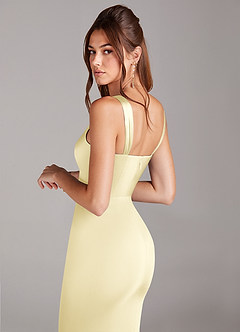 Azazie Denice Bridesmaid Dresses Lemon Sorbet Sheath Pleated Stretch Satin Dress image5
