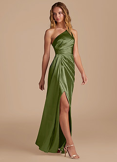 Azazie Mika Bridesmaid Dresses Olive Sheath One Shoulder Metallic Satin Dress image4