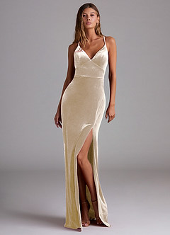 Azazie Becca Bridesmaid Dresses Champagne Sheath Velvet Dress image1