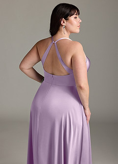 Azazie Davis Bridesmaid Dresses Frosted Lilac A-Line Pleated Stretch Satin Dress image12