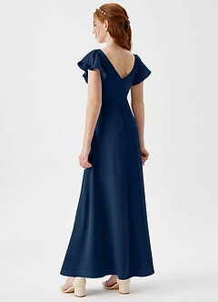 Azazie Omari Junior Dark Navy A-Line Pleated Stretch Satin Dress image2