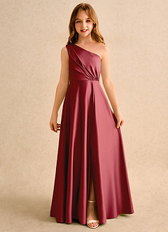 Azazie Puddles Girls Formal Flower Girl Dresses Pomegranate A-Line One Shoulder Matte Satin Dress image4