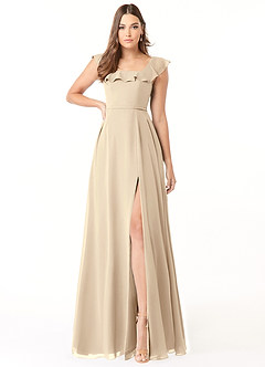 Azazie Jinny Bridesmaid Dresses Champagne A-Line Square Neckline Ruched Chiffon Dress image1